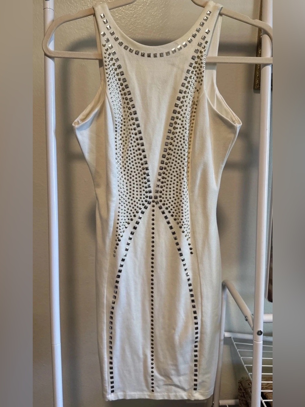 Bebe Addiction White Studded Backless Bodycon Dress Small